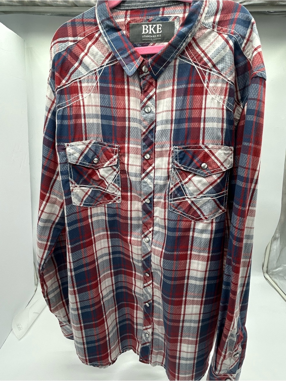 BKE Red & Blue Plaid With Pearl Button-Up Shirt size Large